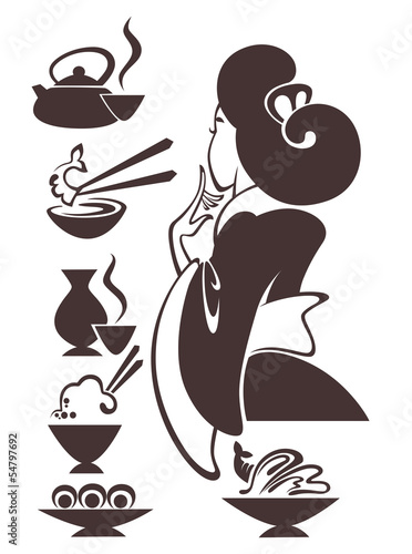 vector image of Japanese girl with traditional food