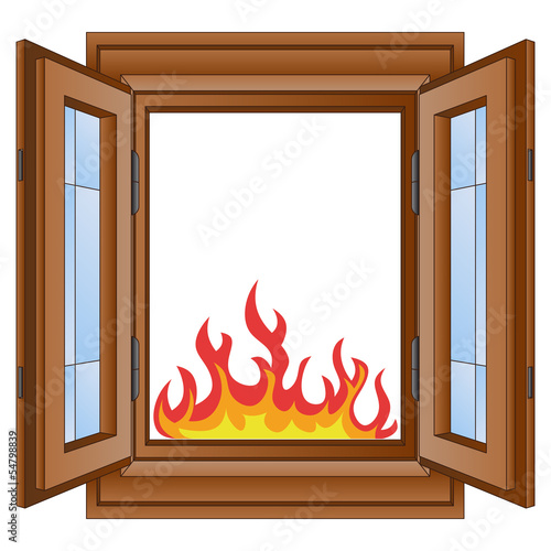 open fire and flames in window wooded frame vector