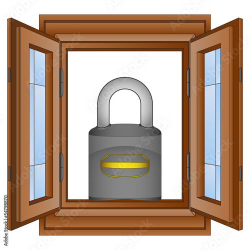 closed padlock in window wooded frame vector