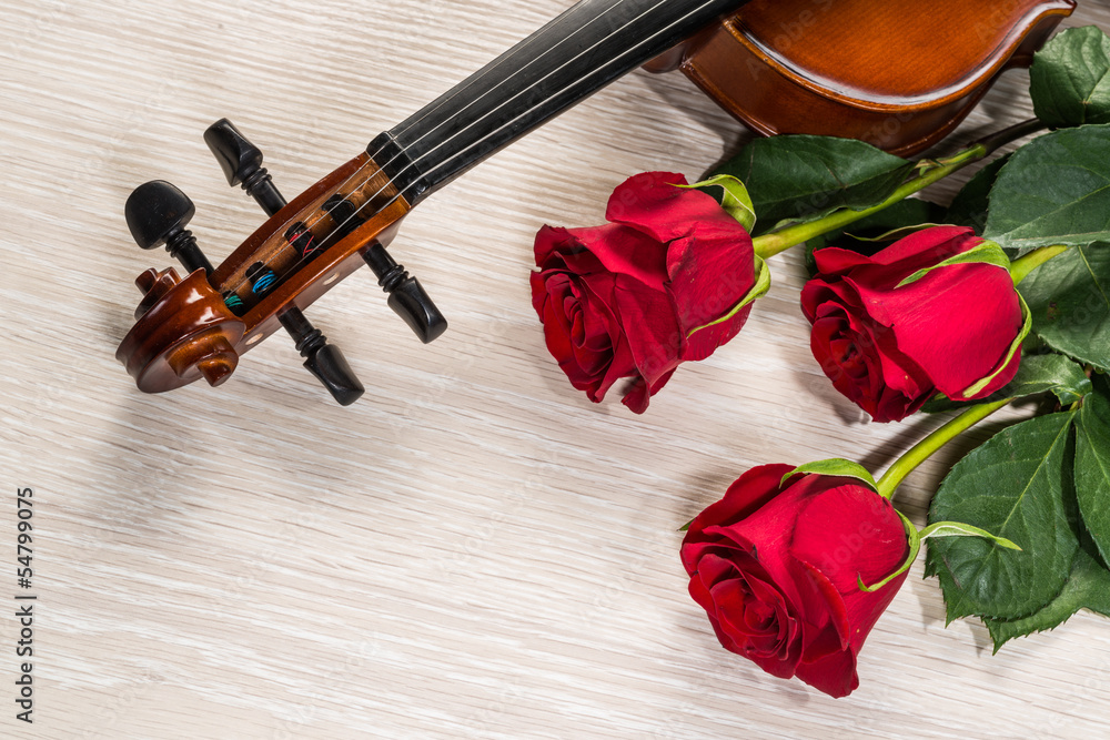 Fototapeta premium Violin, rose and music books