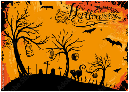 Gruseliger Halloween Hintergrund mit Friedhof, Kürbis und Laternen