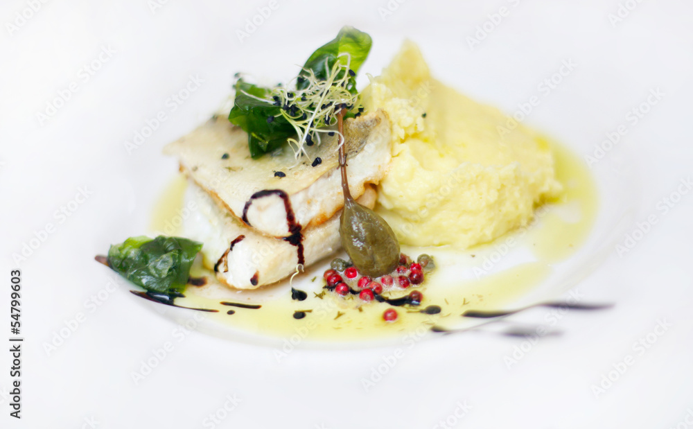 Grilled pikeperch with mashed potatoes with truffle Grilled pikeperch with mashed potatoes with truffle