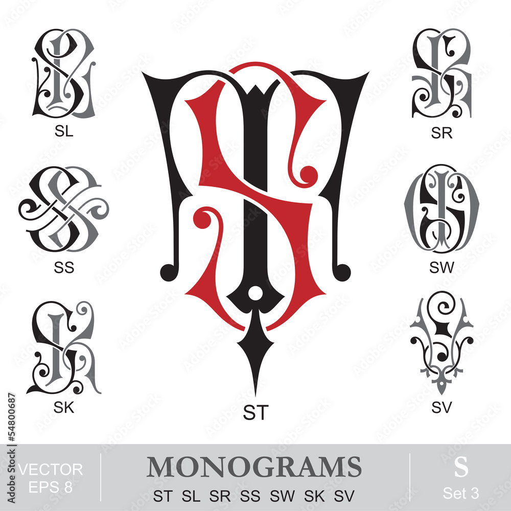 Vintage Monograms ST SL SR SS SW SK SV - obrazy, fototapety, plakaty 