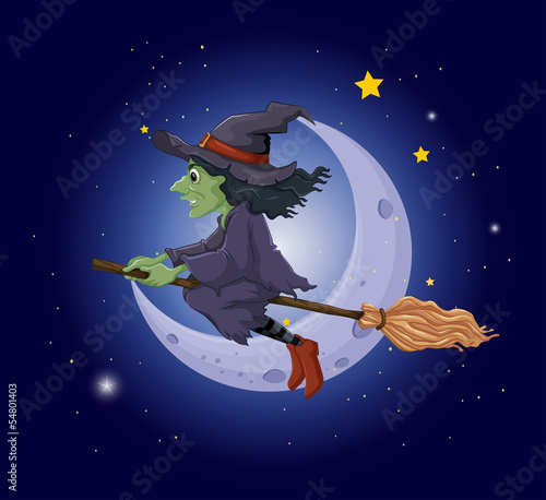 A scary witch in the sky near the moon