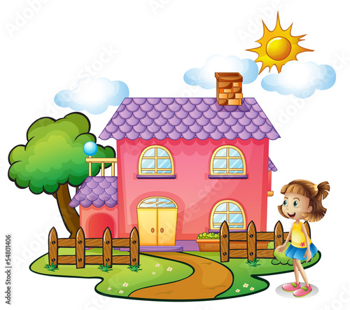 A girl in front of their house