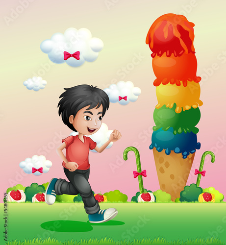 A boy running in the candyland