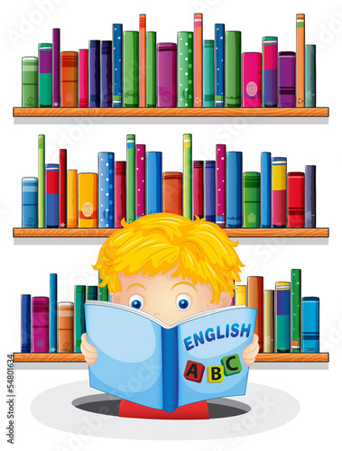 A boy in the library reading an English book