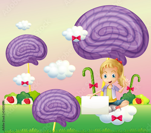 A girl sitting on the cloud with an empty signage