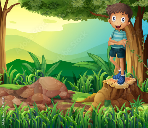 A smiling boy above a stump of a tree