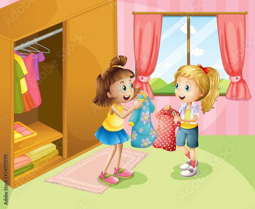 Two girls showing their clothes inside the house