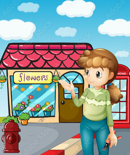 A girl presenting the flower shop