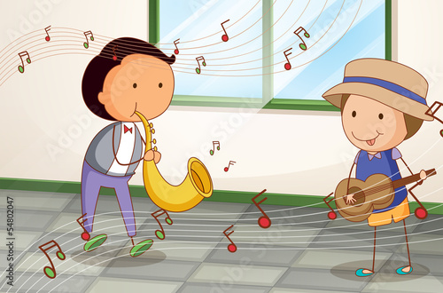 Two musicians with a saxophone and a guitar