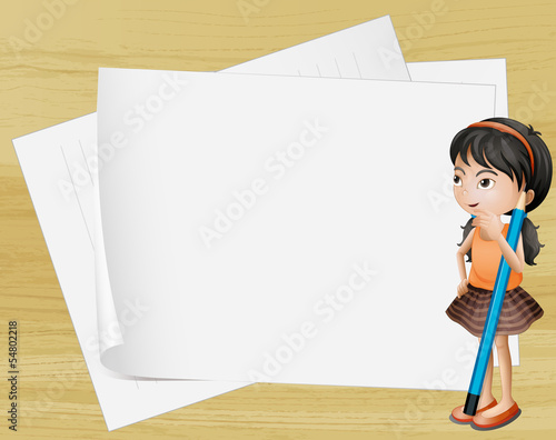 A girl thinking near the empty papers