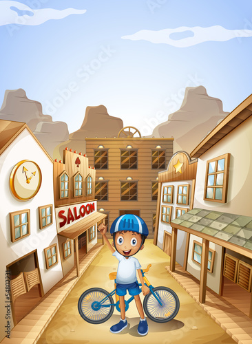 A boy and his bike near the saloon bar