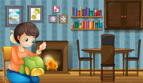 A mother sewing near the fireplace