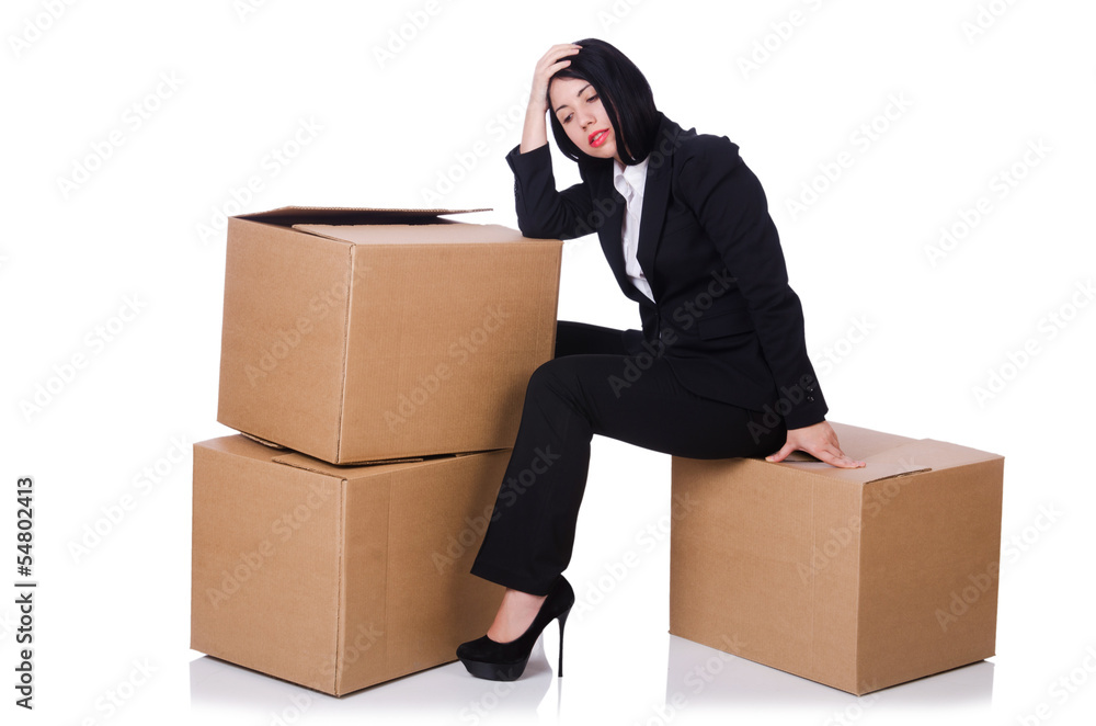 Woman with lots of boxes on white Woman with lots of boxes on white