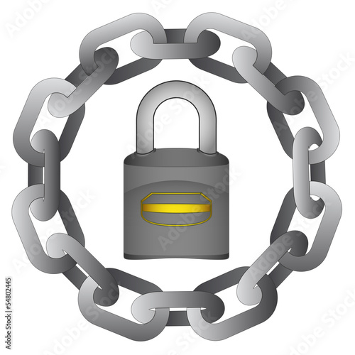 closed padlock in strong steel circle chain vector