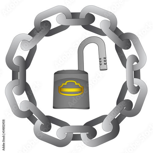 open padlock in strong steel circle chain vector