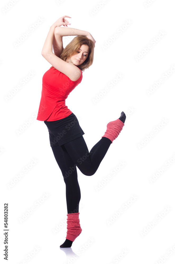 Young gymnast exercising on white Young gymnast exercising on white