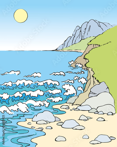 Vector seascape. Sunny day on the beach with a rocky cliff