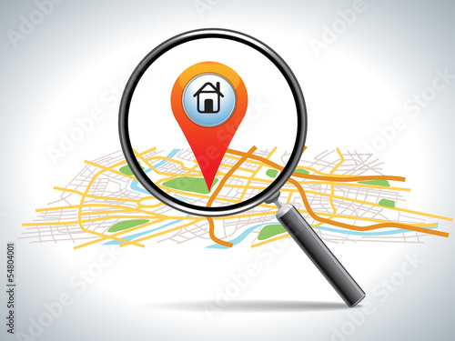  search for home on map location, vector illustration 