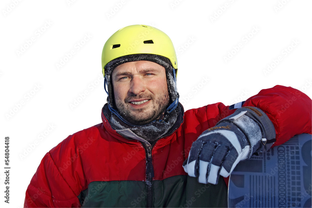 young man with snowboard isolated on white backgroung