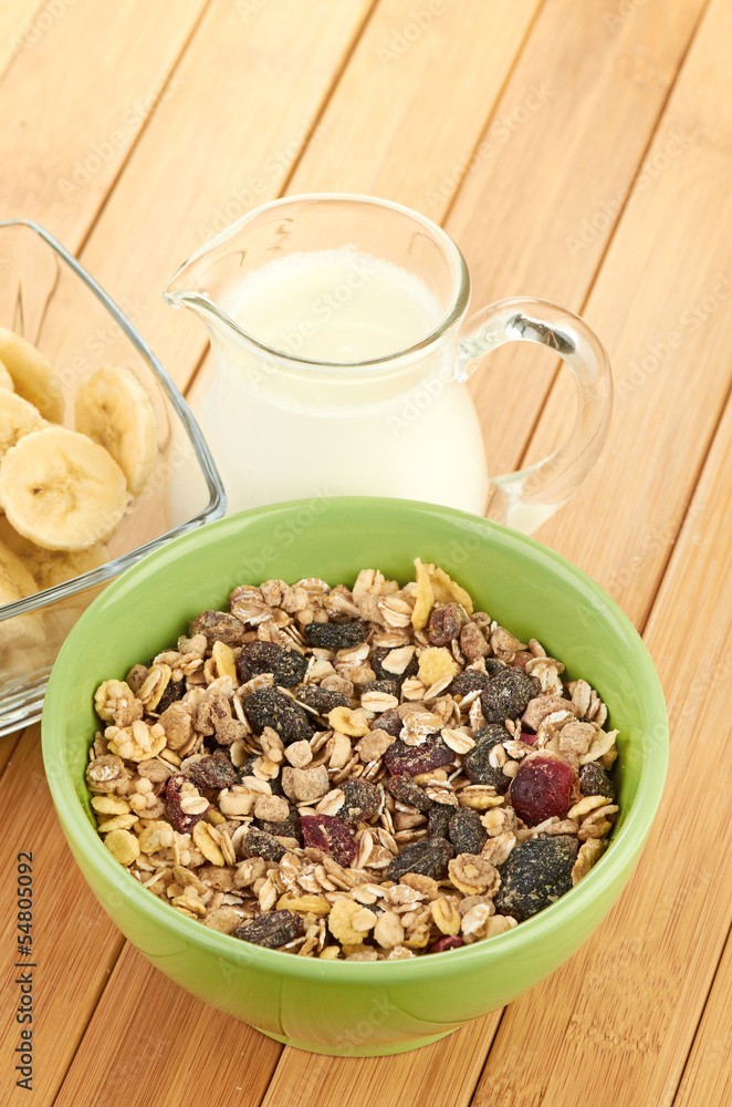 Delicious and healthy cereal in bowl with milk Delicious and healthy cereal in bowl with milk