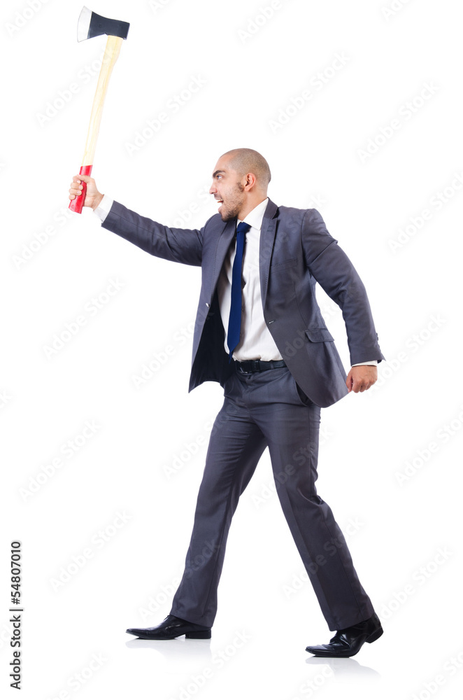 Funny businessman with axe on white Funny businessman with axe on white
