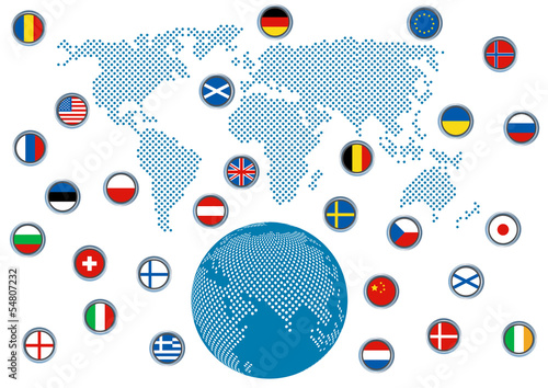 world map, globe and flag icons