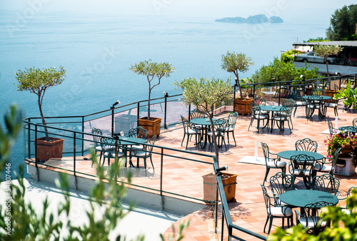Fotografi Empty open air restaurant at Amalfi coast, southern Italy