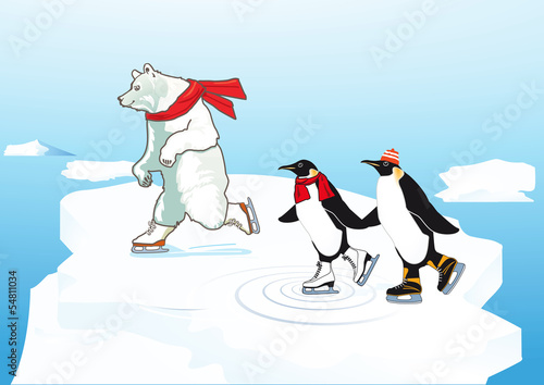 Eisbär und Pinguin laufen Schlittschuh photo