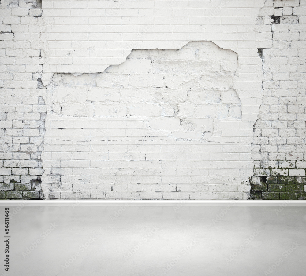 damaged brick wall and concrete floor - obrazy, fototapety, plakaty 