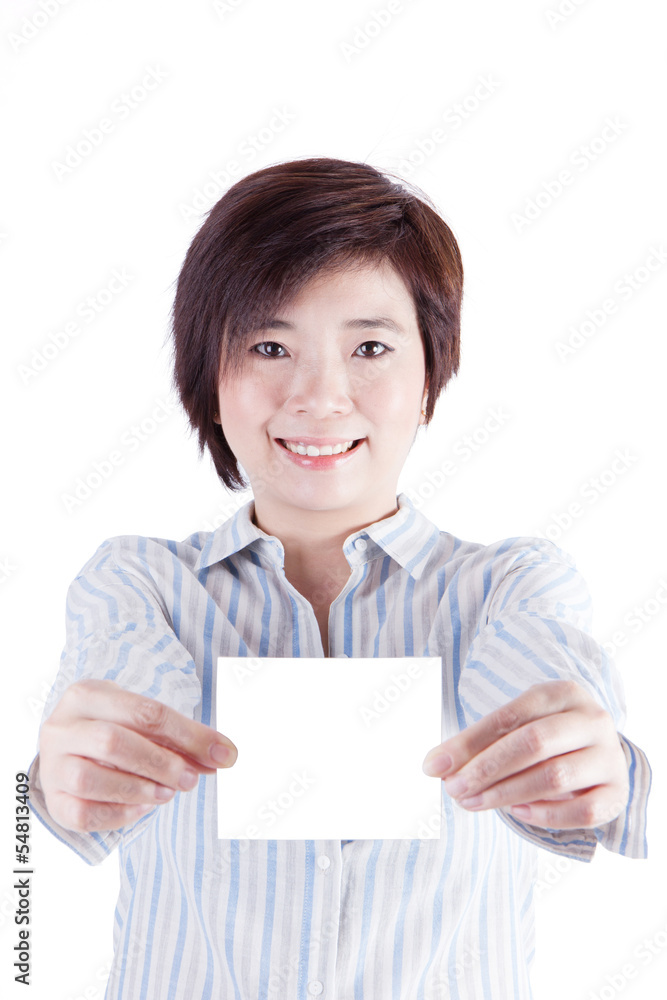 business woman smiling and showing white paper business woman smiling and showing white paper