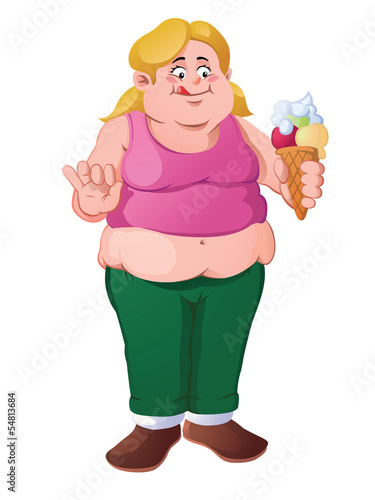 A young, obese girl holding an ice cream cone.