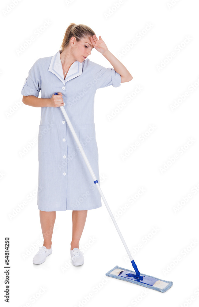 Young Maid Cleaning Floor With Mop Young Maid Cleaning Floor With Mop