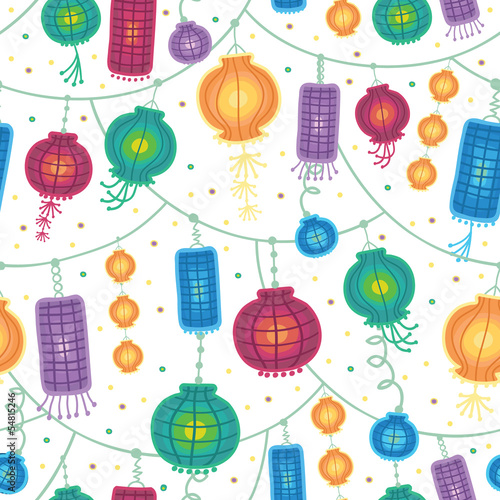 Vector glowing holiday lanterns seamless pattern background with