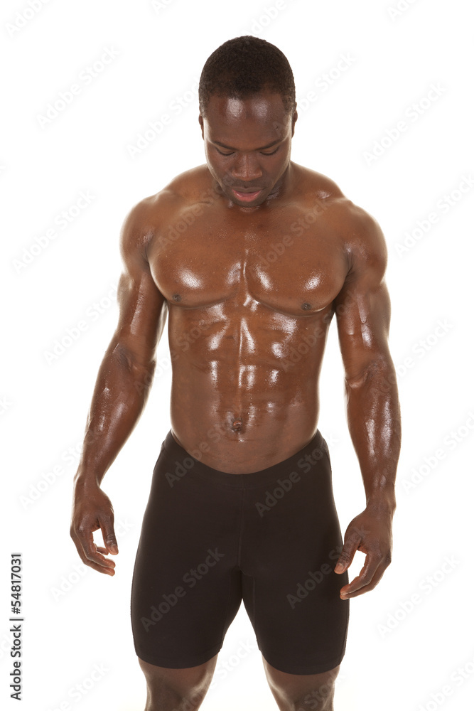 Strong man look down sweat