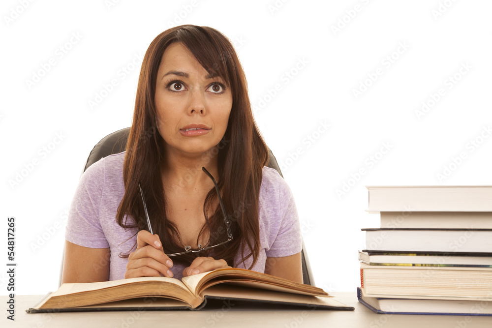 woman purple shirt funny expression studying woman purple shirt funny expression studying