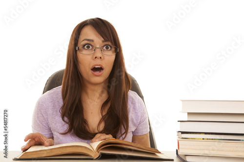 woman purple shirt study shocked