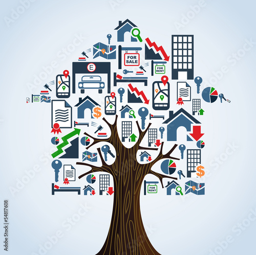 Real estate icons tree house, rental concept.