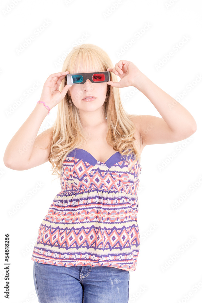 Young beautiful woman with 3d glasses, isolated on white Young beautiful woman with 3d glasses, isolated on white