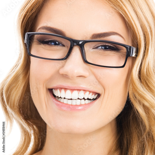 Cheerful smiling woman in glasses, isolated