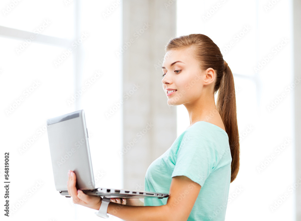 smiling student girl with laptop at school smiling student girl with laptop at school