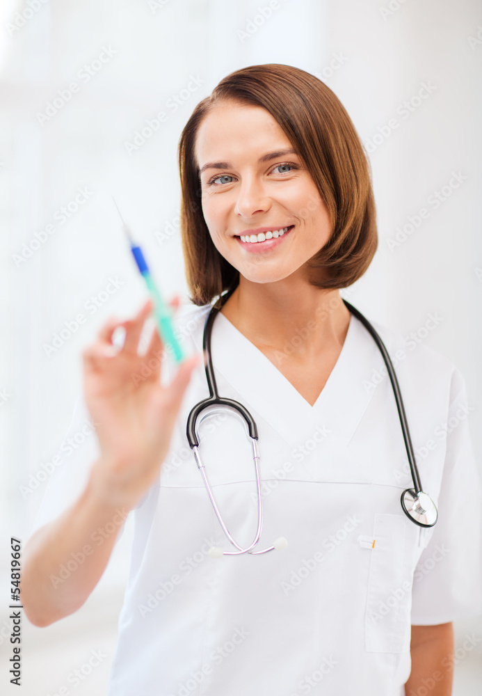 female doctor holding syringe with injection female doctor holding syringe with injection