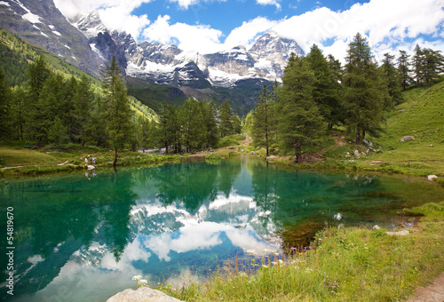Cervinia, Valle d'Aosta, Italy. Lake blue.