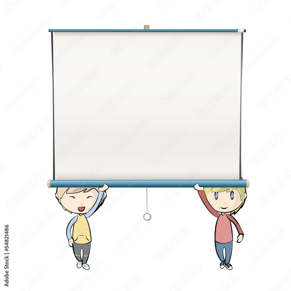 Kids holding empty white projector screen. Vector design Kids holding empty white projector screen. Vector design