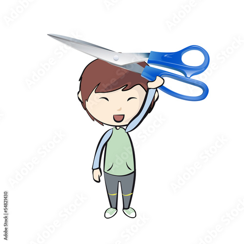 Kids holding blue scissors. Vector design