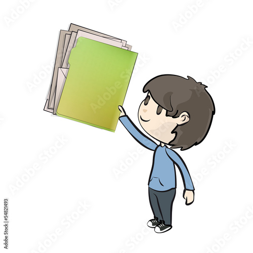 Kid holding green folder with white papers. Vector design.
