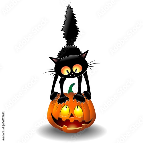 Scared Halloween Cat Cartoon scratching a Pumpkin