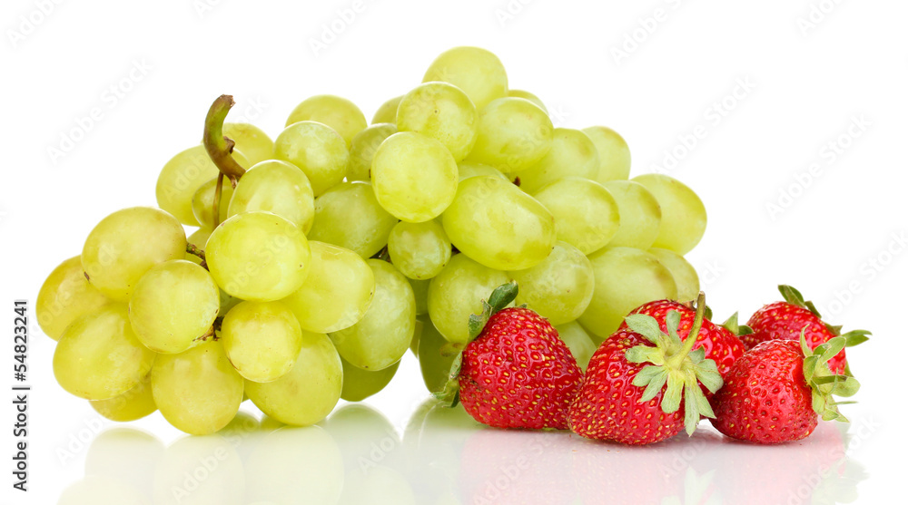 ripe sweet grapes and strawberries isolated on white
